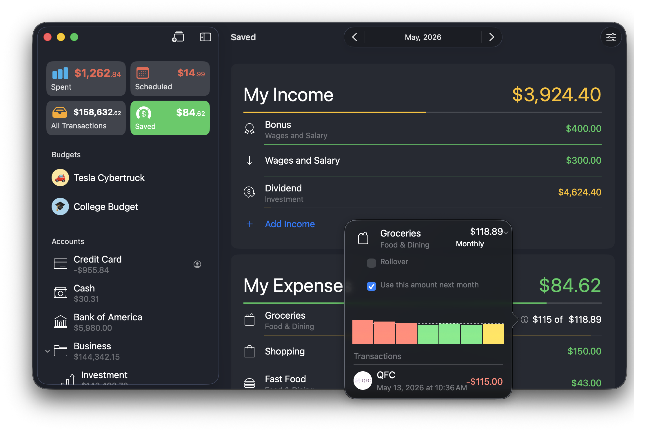 macOS Money Budget Dark Appearance
