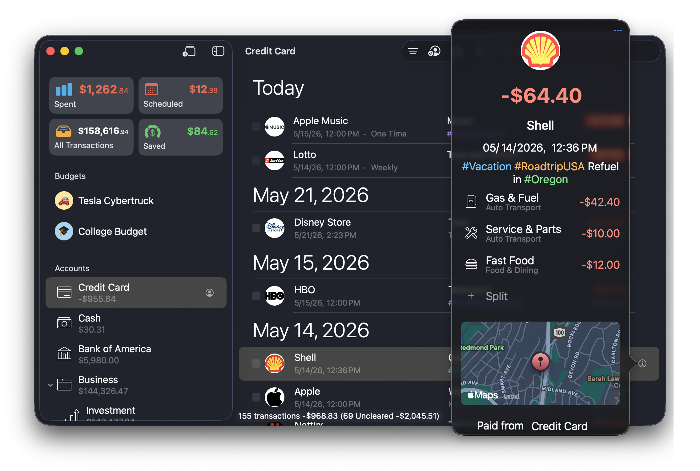 macOS Money Transactions Dark Appearance
